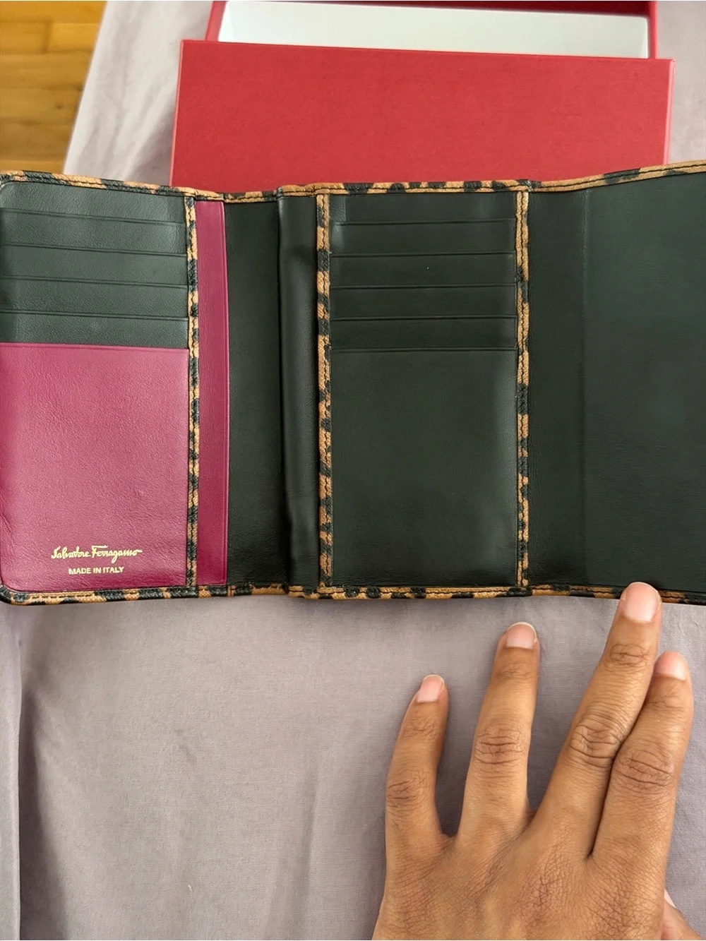 Salvatore Ferragamo Leopard Print Wallet in Brown and Black with Gold Hardware